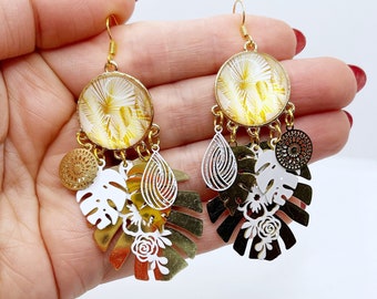 Handcrafted fancy earrings cabochon glass printed ginkgo sheets ideal for parties unique white and gold handmade
