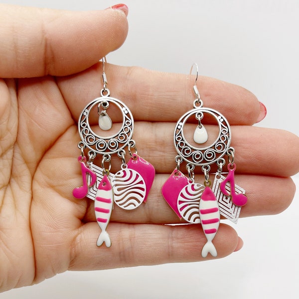 Fancy artisanal bohemian chic original silver and pink marine theme earrings with original unique fish charm made in May