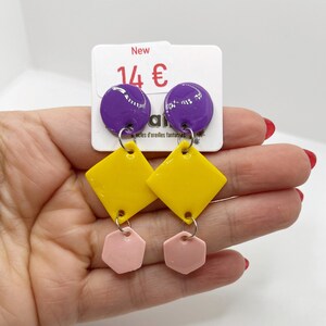 Fancy colorful artisanal handmade stud earrings in very light geometric mauve yellow pink unique polymer clay