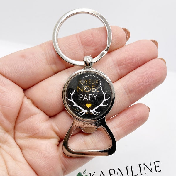 Porte clé décapsuleur avec cabochon en verre 25mm imprimé joyeux noël papy noir blanc et jaune idéal cadeau de noël grand-père