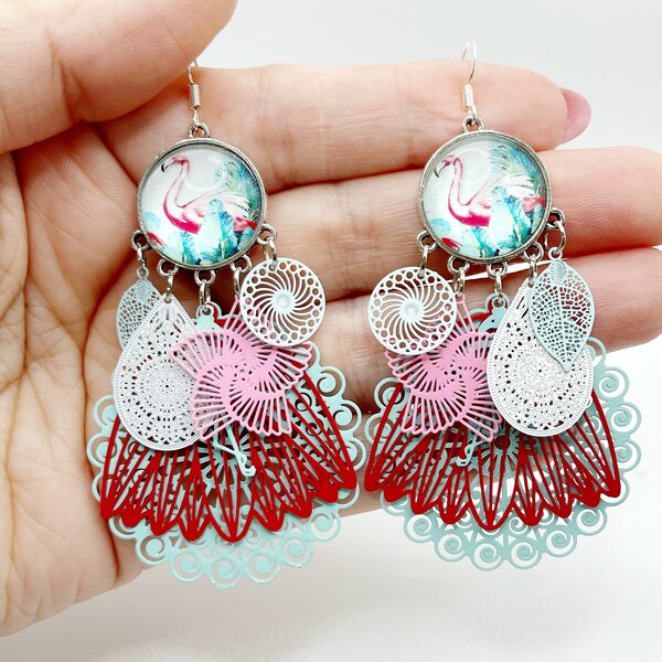 Fancy artisanal bohemian chic colorful cabochon earrings in tropical blue pink white printed glass with unique pink flamingo