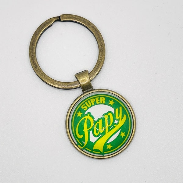 Porte clé argenté avec cabochon 25mm imprimé à message « super papy » vert et jaune paquet cadeau offert) idéal cadeau fête des grands pères