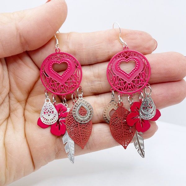 boucles d'oreilles fantaisies ethniques et bohèmes chic légères rose faites main uniques spécial saint Valentin