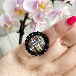 Artisan fancy ring boho chic adjustable black base glass cabochon printed graphic gold pink and white unique handmade