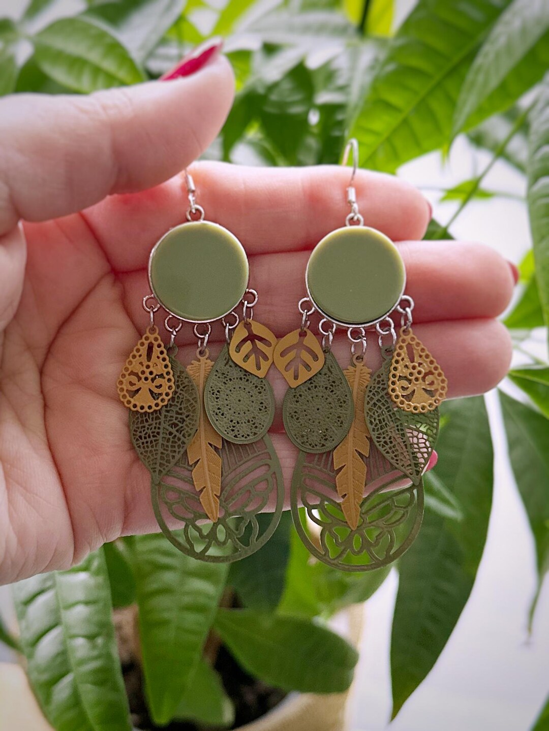 Bohemian Chic Khaki Green and Camel Handmade Earrings Unique Ear Hooks ...