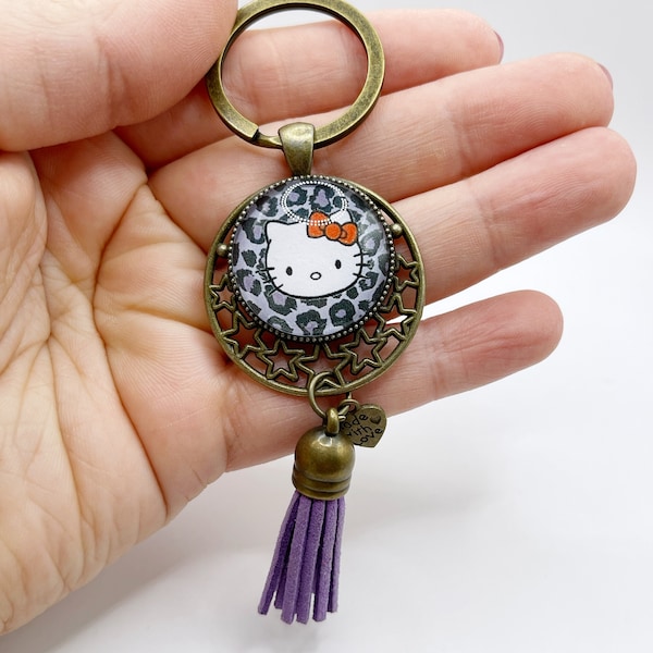 Porte clé bronze cabochon en verre imprimé léopard violet et noir avec le chat « hello kitty » (paquet cadeau offert) fait main idéal cadeau