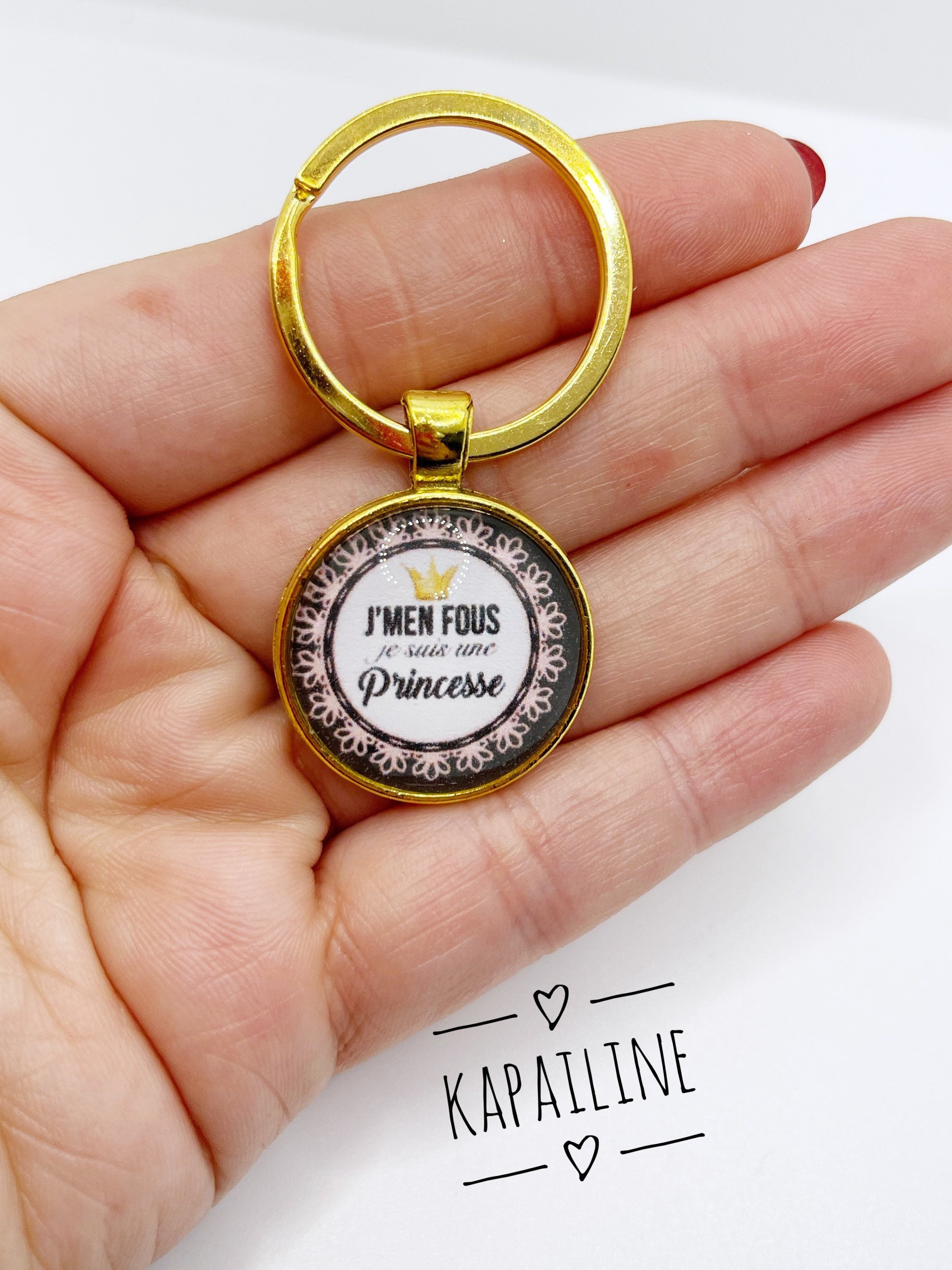 Gold, White, Black, Pink Key Ring With Cabochon With the