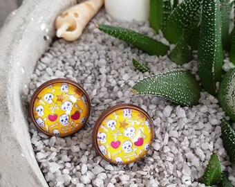 Earrings fancy rock small nail base bronze / copper and printed spirit rock n roll skull yellow cabochon 14mm