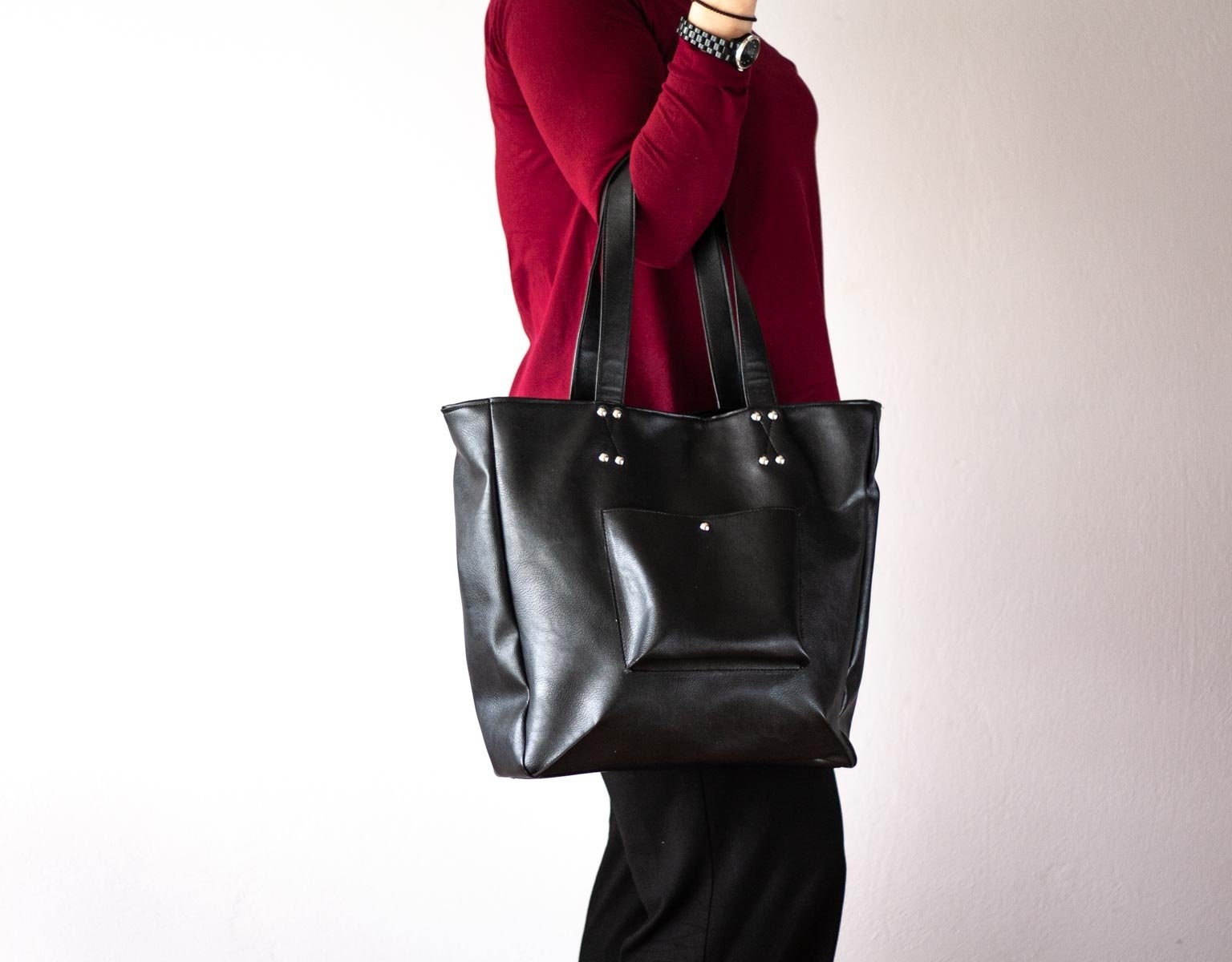 black faux leather tote