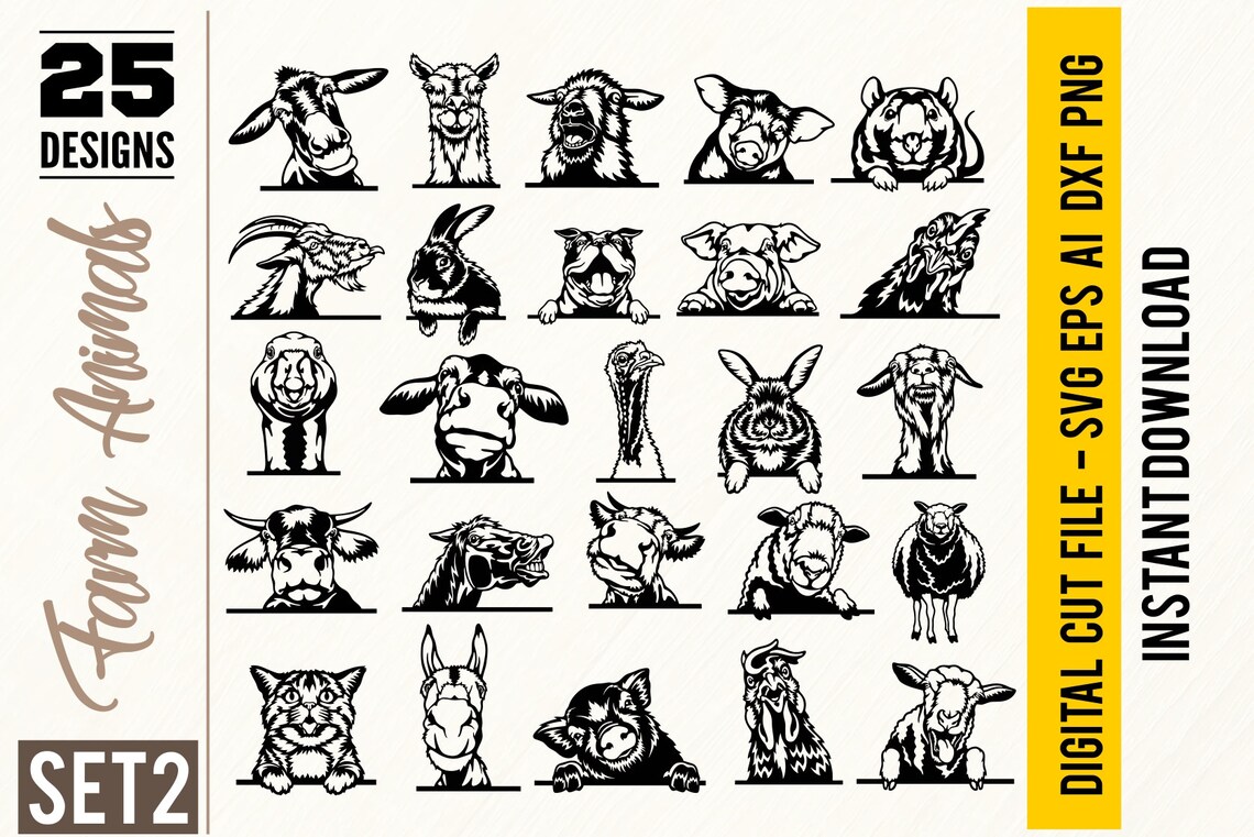 Peeking Farm Animals SVG BUNDLE 25 Set 2 Head Face Farm Etsy