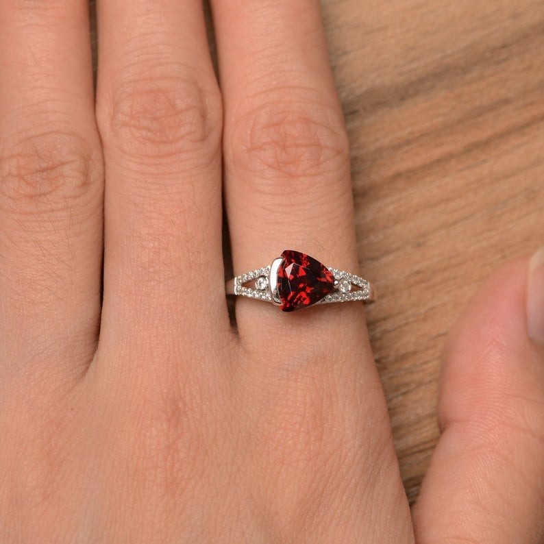 Natural Garnet Ring Promise Engagement Ring Triangle Cut Sterling Silver Ring Red Gemstone January Birthstone Ring New Year Gift Jewelry