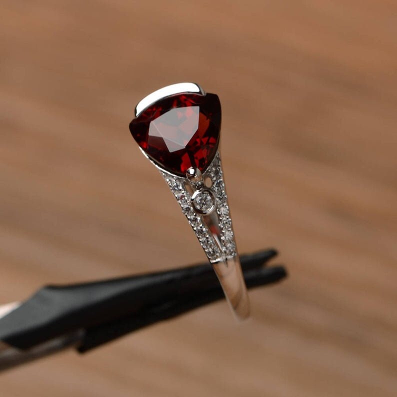 Natural Garnet Ring Promise Engagement Ring Triangle Cut Sterling Silver Ring Red Gemstone January Birthstone Ring New Year Gift Jewelry