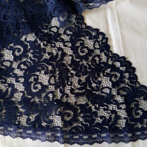 May include: Close-up of navy blue lace fabric with an intricate floral pattern. The lace has a scalloped edge and is set against a white background. The delicate design is visible throughout the fabric, showcasing its detailed craftsmanship.