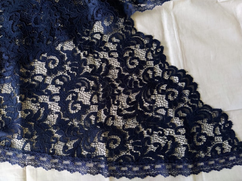 May include: Close-up of navy blue lace fabric with an intricate floral pattern. The lace has a scalloped edge and is set against a white background. The delicate design is visible throughout the fabric, showcasing its detailed craftsmanship.