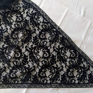 May include: Black lace fabric featuring a floral design. The lace is arranged in a triangular shape, with a detailed border. The fabric is set against a white background, highlighting the intricate design and texture of the lace.
