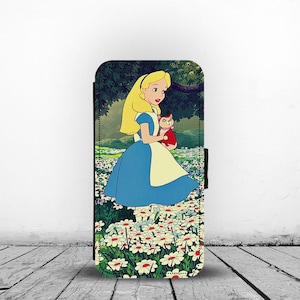 Capa de celular tipo carteira com compartimentos para cartões, capa de celular de couro personalizada, Princesa Disney, Disney Alice no País das Maravilhas - Adicione seu nome!
