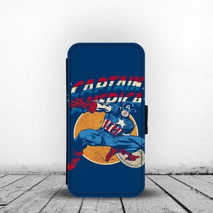 Custodia per telefono con portafoglio e inserti per carte di credito, custodia in pelle personalizzata per telefono, Marvel Comics, Avengers Captain America: aggiungi il tuo nome!