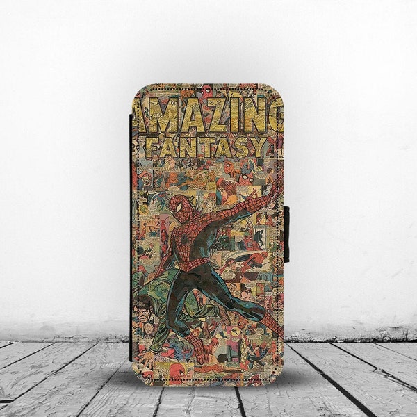 Wallet Phone Cover with Card Inserts, Personalised Leather Phone Cover, Vintage Marvel Comics, Spiderman Comics - Add your Name!