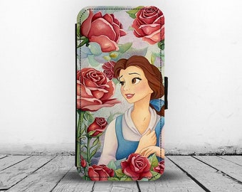 Portemonnee telefoonhoesje met kaartinzetstukken, gepersonaliseerde lederen telefoonhoesje, Disney Princess Belle, Belle en het Beest hoesje - Voeg je naam toe!