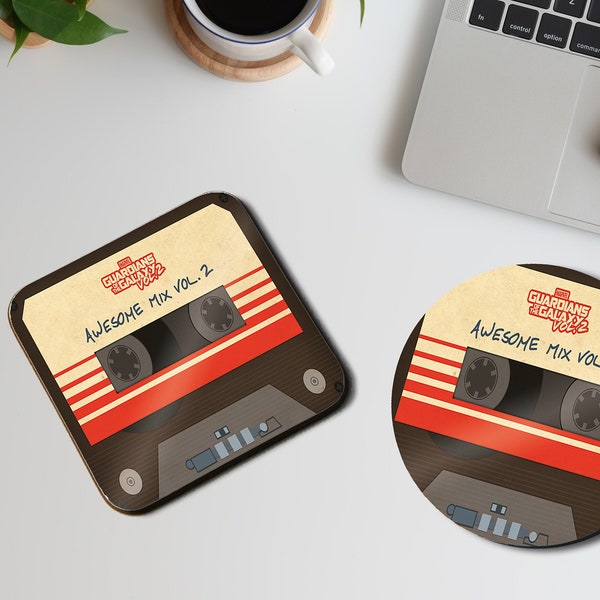 Personalised High Gloss Cup Coasters, Square Drink Coaster, Round Coffee Coaster, Marvel Gift, Guardians of the Galaxy, Awesome Mix Vol. 2