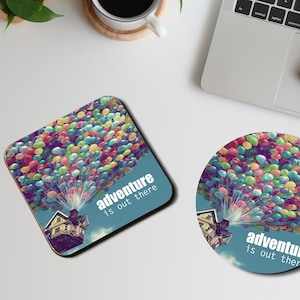 Personalised High Gloss Cup Coasters, Square Drink Coaster, Round Coffee Coaster, Personalised Gift, Disney Up House, Adventure Is Out