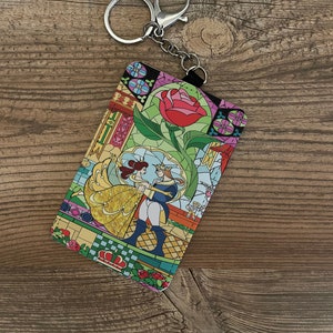 Porta tessere in similpelle personalizzato, portachiavi, porta cordino, porta chiavetta USB, regalo con nome personalizzato, Disney La Bella e la Bestia