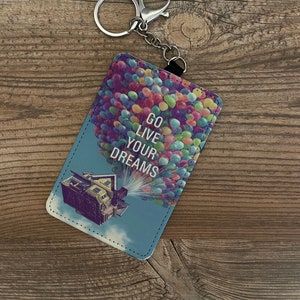 Personalised Faux Leather ID Cardholder, Key Ring, Lanyard Holder, USB Stick Holder, Custom Gift, Disney Up House, Adventure is Out there