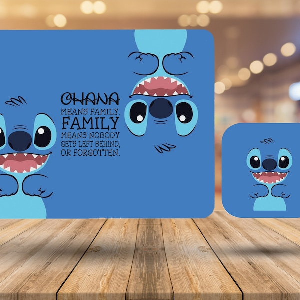 Personalised High Gloss Table Mat, Square Placement and Coffee Coaster Set, Custom Gift, Disney Cute Stitch, Ohana Means Family