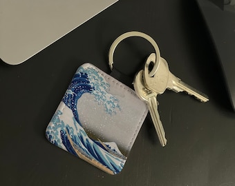 Personalised Faux Leather Key Ring, Custom Faux Leather Key Chain, New Homes or New Car Gift, The Great Wave off Kanagawa