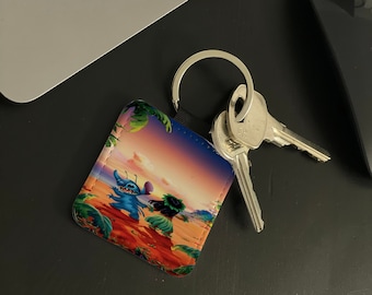 Chaveiro de couro sintético personalizado, chaveiro de couro sintético personalizado, presente para casa nova ou carro novo, Disney Lilo e Stitch