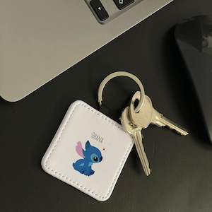 Personalised Faux Leather Key Ring, Custom Faux Leather Key Chain, New Homes or New Car Gift, Disney Cute Stitch