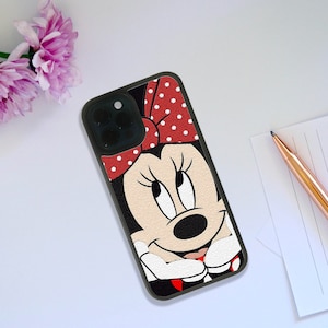 Elegante custodia in gomma per telefono, cover personalizzata con chiusura a scatto, regalo personalizzato per lei, Disney Minnie Mouse, adorabile Minnie con fiocco rosso