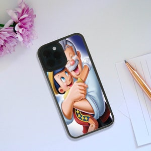Elegante custodia in gomma per telefono, cover snapback personalizzata, regalo personalizzato, Disney Pinocchio e Geppetto