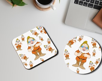 Personalised High Gloss Cup Coasters, Square Drink Coaster, Round Coffee Coaster, Custom Disney Gift, Snow White, Dwarf Doc
