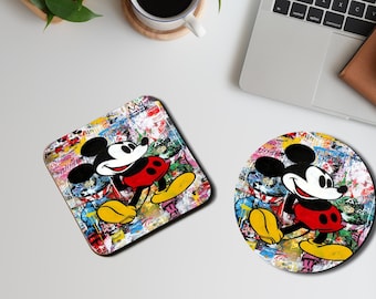 Personalised High Gloss Cup Coasters, Square Drink Coaster, Round Coffee Coaster, Custom Gift, Disney Mickey Mouse