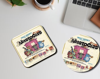 Personalised High Gloss Cup Coasters, Square Drink Coaster, Round Coffee Coaster, Personalised Gift, Disney Vintage Aristocats