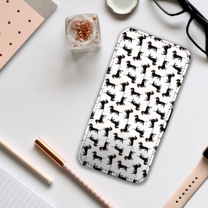 Étui portefeuille avec inserts pour cartes, housse de téléphone en cuir, coque de téléphone personnalisée, joli motif teckel chien saucisse - Ajoutez votre nom !