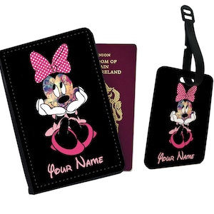 Gepersonaliseerde kunstleren paspoorthoes en bagagelabel, kerstcadeau, reizen, reislust, cadeau voor haar, Minnie Mouse - voeg je naam toe!