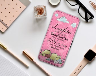 Wallet Phone Cover with Card Inserts, Personalised Leather Phone Cover, Custom Phone Case, Winnie Pooh, Gift for her, Laughter is Timeless