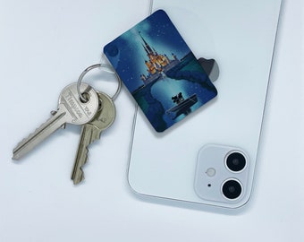 High Gloss Key Ring, Custom Metal Square Keyring, Double Sided Keychain, New Homes or New Car Gift, Disney Mickey and Minnie in Disneyland