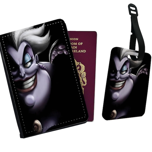 Personalised Faux Leather Passport Cover & Luggage Tag - Travel Accessories Set Gift -  The Little Mermaid: Ursula
