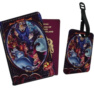 Gepersonaliseerde paspoorthoes, aangepast bagagelabel, reisaccessoirecadeau, gepersonaliseerd Disney-cadeau, Disney Super Villains - voeg je naam toe!