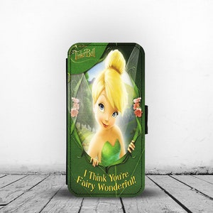 Brieftaschen-Telefon-Abdeckung mit Karteneinsätzen, personalisierte Lederne Telefon-Abdeckung, benutzerdefinierte Telefonhülle, Disney Peter Pan, Tinkerbell, Pixie Dust