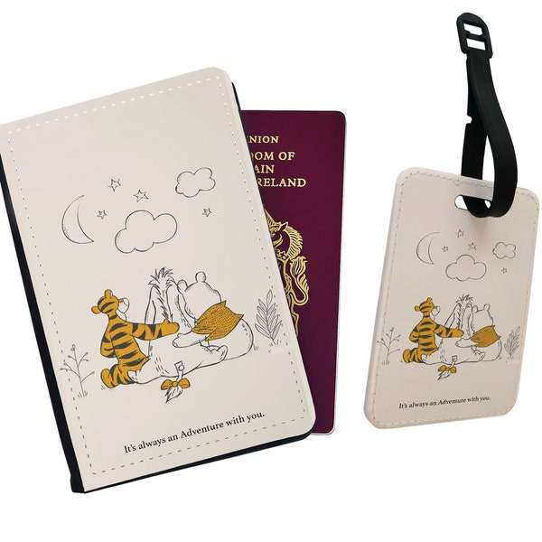 Personalised Passport Cover, Customised Luggage Tag, Travel Set Gift, Winnie Pooh, Tigger and Eeyore, It's Always an Adventure with you