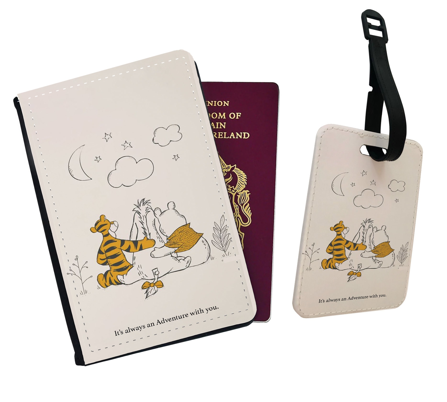 Personalised Passport Cover, Customised Luggage Tag, Travel Set Gift,  Winnie Pooh, Tigger and Eeyore, It's Always an Adventure With You 