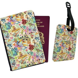 Gepersonaliseerde paspoorthoes, aangepast bagagelabel, reiscadeauset, Mickey Mouse, vintage cartoon, Disneyland