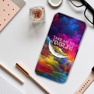 Capa de celular tipo carteira com compartimentos para cartões, capa de celular personalizada, capa de celular personalizada, Disney Peter Pan, Sininho, Leve-me para a Terra do Nunca