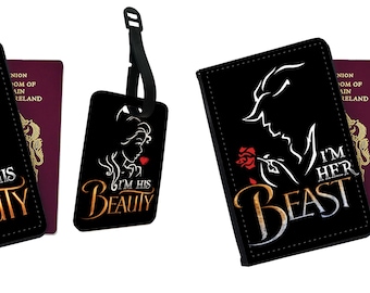 Personalised Faux Leather Passport Cover & Luggage Tag, Matching Travel Accessory Set, Couple Travel Gift Set, Disney Beauty and the Beast