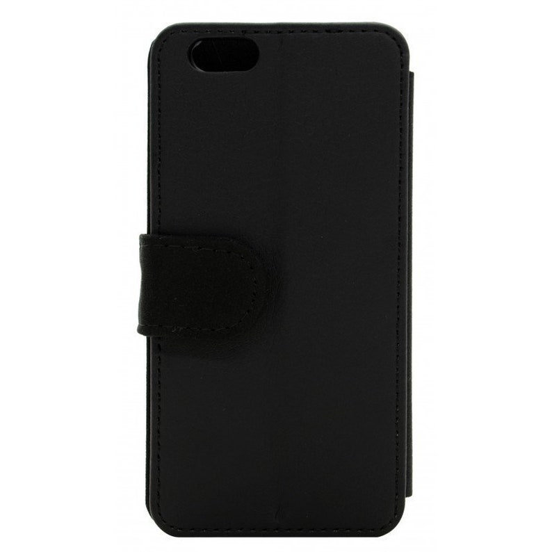 May include: A black leather phone case with a flap that closes with a magnetic snap.