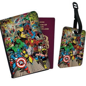 Gepersonaliseerde paspoorthoes en bagagelabel, aangepast Marvel-reiscadeau, Avengers Endgame, Captain America, Thor, Spiderman, Hulk, Ironman